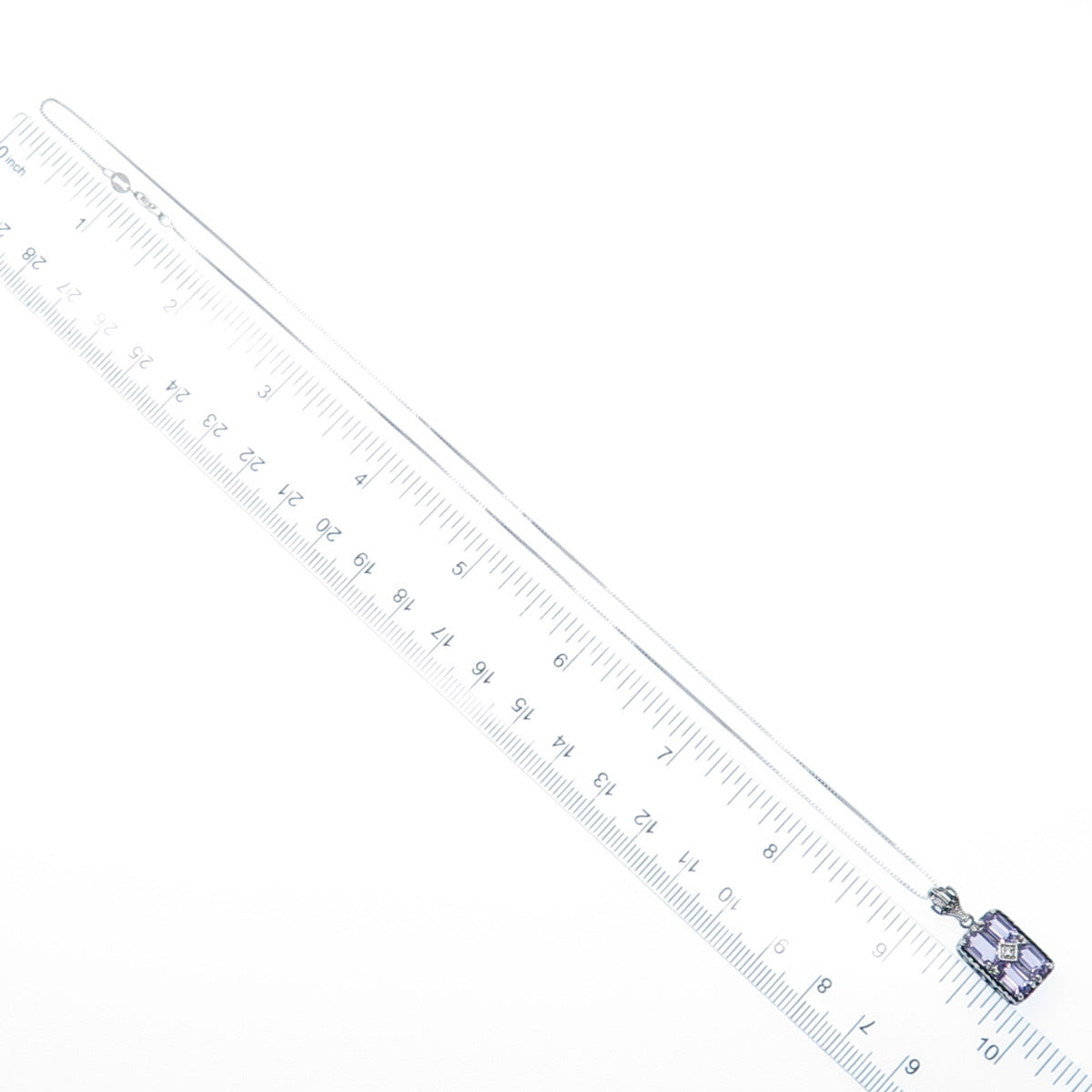 925 Sterling Silver Real Emerald-Cut Amethyst & C Z Box Chain Necklace 18"