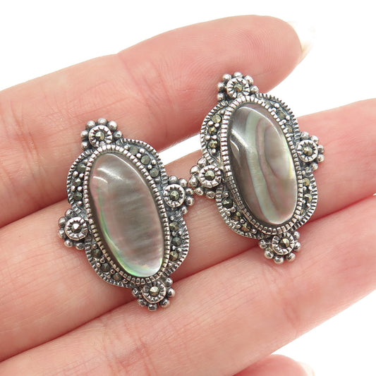 925 Sterling Silver Vintage Real Abalone Shell & Marcasite Gemstone Earrings