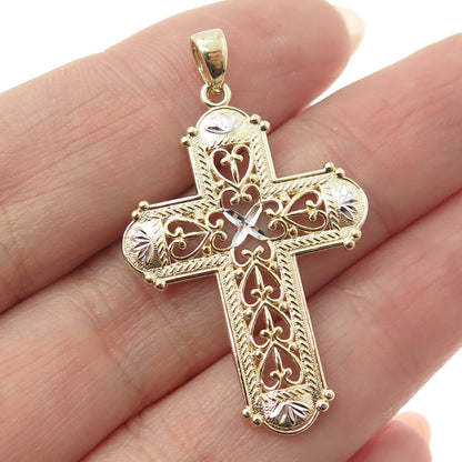 14K Yellow & White Gold Diamond-Cut Floral Heart Cross Religious Charm Pendant