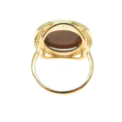 925 Sterling Silver Gold Plated Real Round-Cut Tiger Eye & C Z Ring Size 7.5