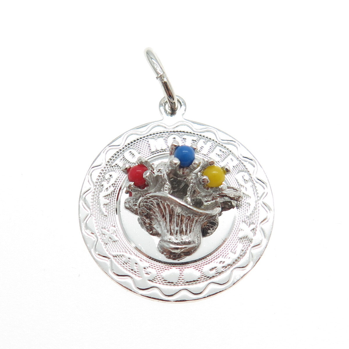 FORSTNER 925 Sterling Silver Vintage Glass "To Mother" Floral Basket Pendant