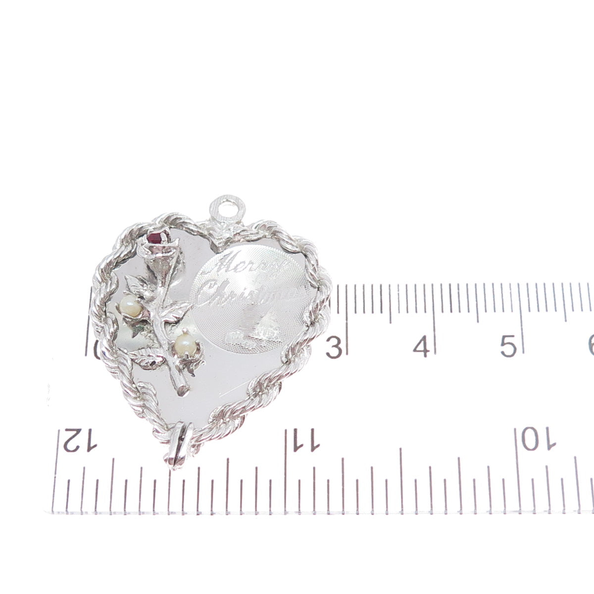 925 Sterling Silver Vintage Real Red Garnet Pearl Merry Christmas Heart Pendant