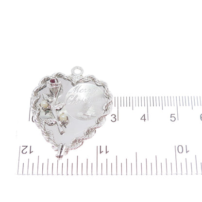 925 Sterling Silver Vintage Real Red Garnet Pearl Merry Christmas Heart Pendant
