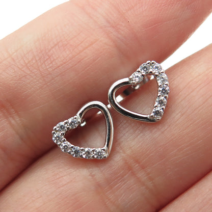 925 Sterling Silver Round-Cut C Z Heart Stud Earrings