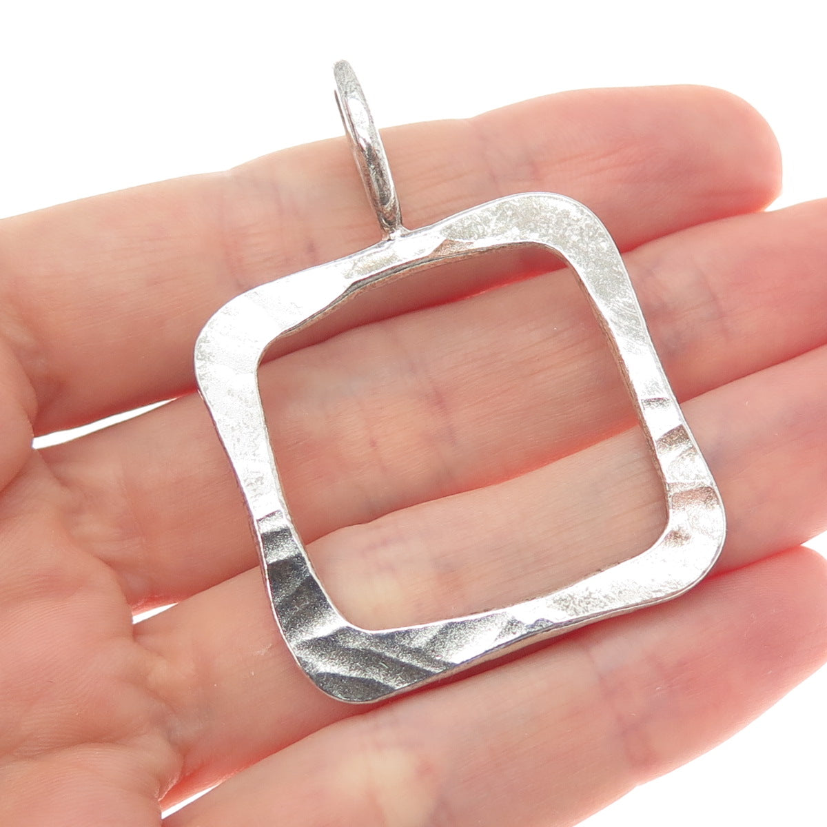 925 Sterling Silver Vintage RN Modernist Hammered Square Charm Pendant