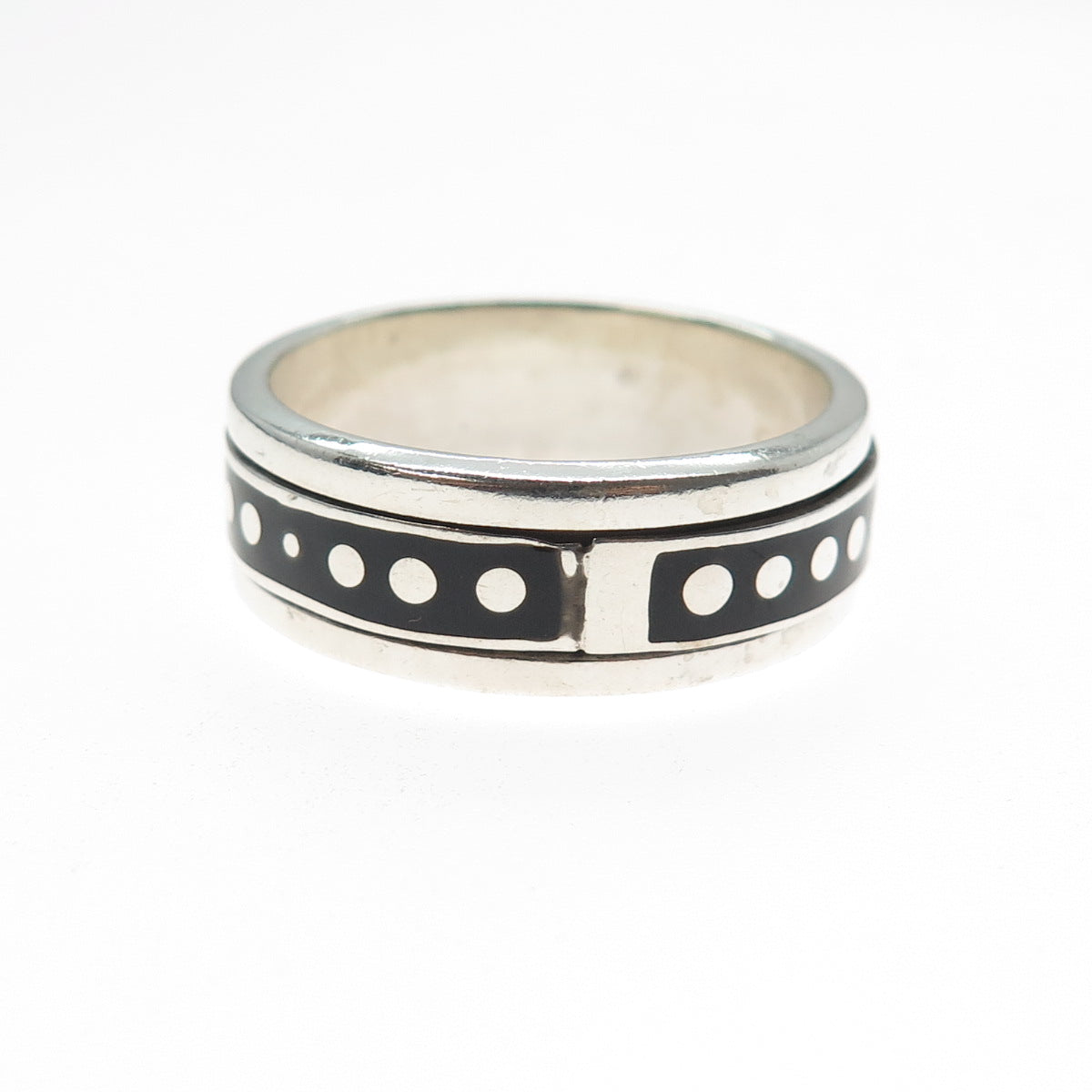 925 Sterling Silver Vintage Mexico Enamel Rotating Dotted Band Ring Size 15
