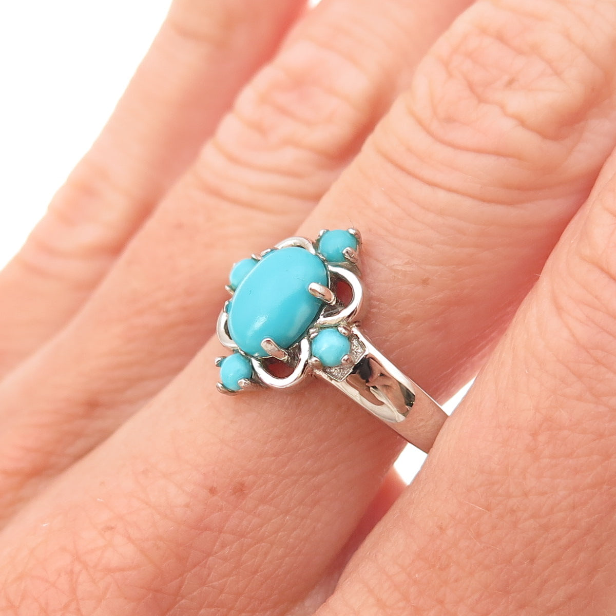 925 Sterling Silver Real Sleeping Beauty Turquoise Floral Ring Size 8