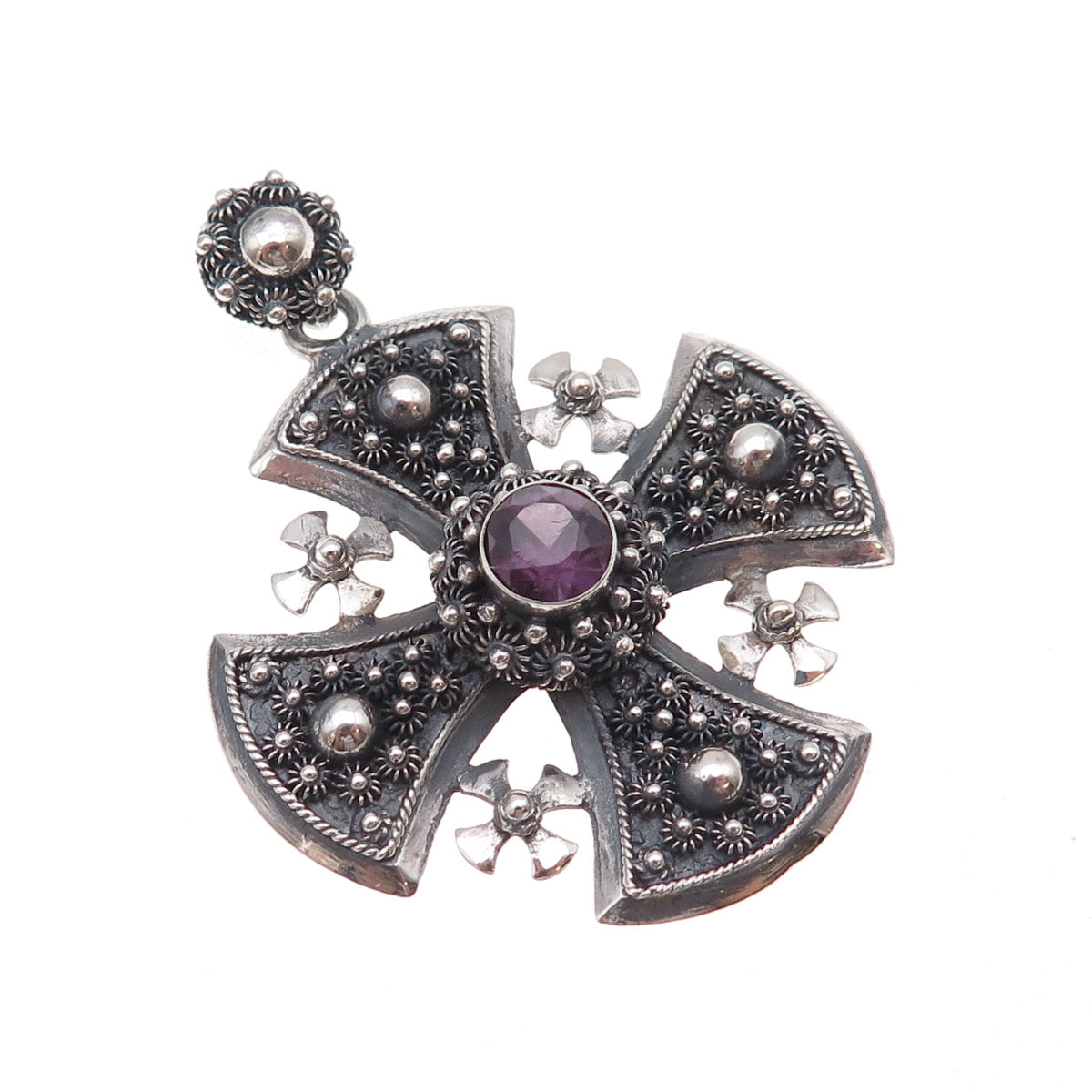 925 Sterling Silver Vintage Lab-Created Peacock Sapphire Jerusalem Cross Pendant