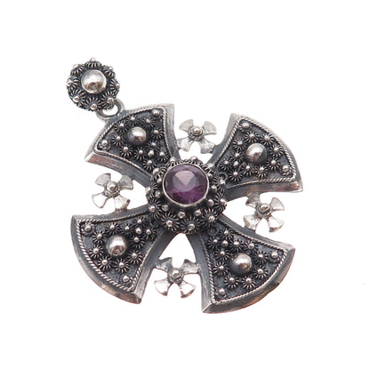 925 Sterling Silver Vintage Lab-Created Peacock Sapphire Jerusalem Cross Pendant