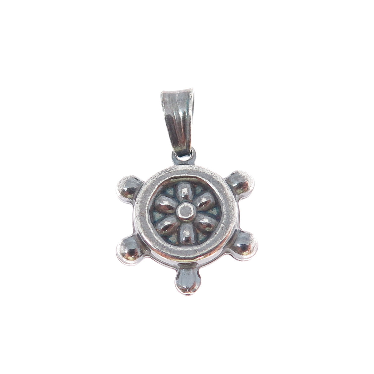 925 Sterling Silver Vintage Italy Helm Ship Wheel Oxidized Mini Charm Pendant