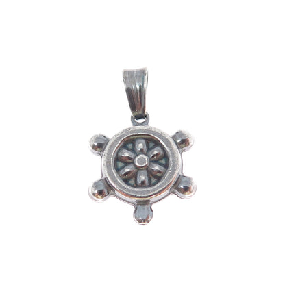925 Sterling Silver Vintage Italy Helm Ship Wheel Oxidized Mini Charm Pendant