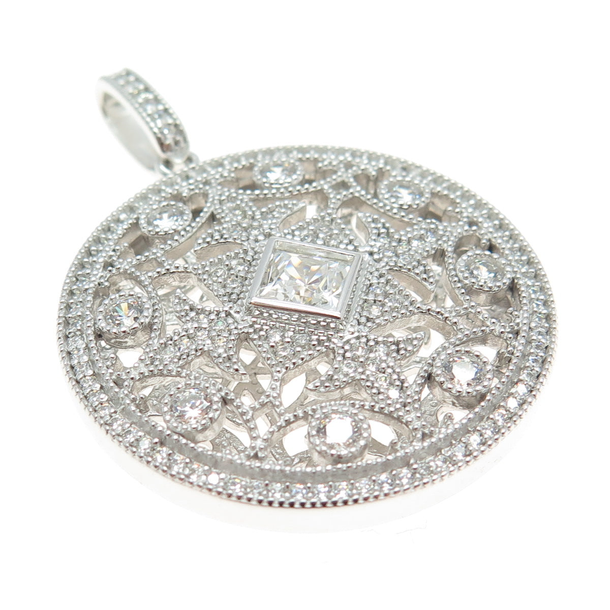 925 Sterling Silver Pave C Z Fleur-de-Lis Round Pendant