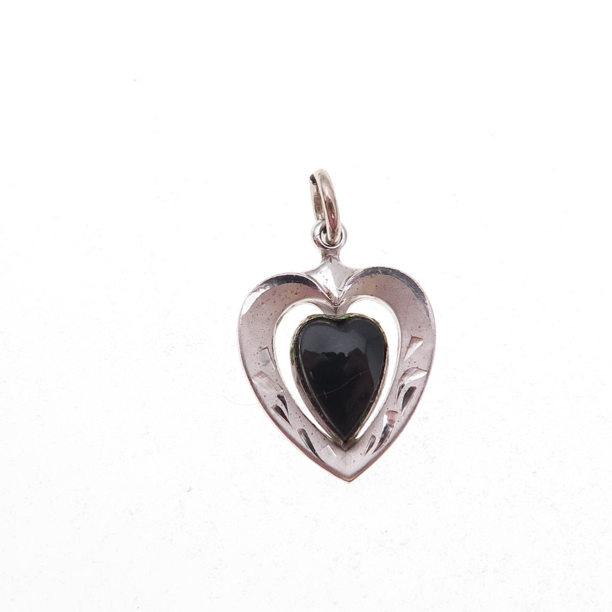 925 Sterling Silver Antique Art Deco Real Black Onyx Heart Charm Pendant