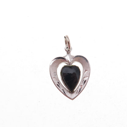 925 Sterling Silver Antique Art Deco Real Black Onyx Heart Charm Pendant