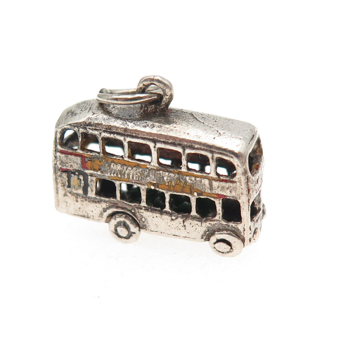 925 Sterling Silver Vintage Enamel London Double Decker Open Bus 3D Mini Pendant