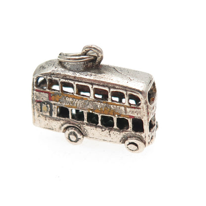 925 Sterling Silver Vintage Enamel London Double Decker Open Bus 3D Mini Pendant