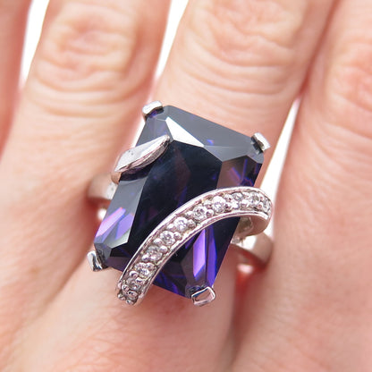 925 Sterling Silver Vintage Real Amethyst & C Z Ring Size 9.25