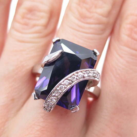 925 Sterling Silver Vintage Real Amethyst & C Z Ring Size 9.25