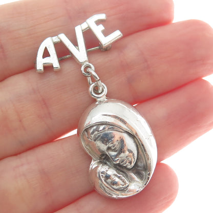 CREED 925 Sterling Silver Vintage Ave St. Mary & Baby Jesus Dangle Pin Brooch