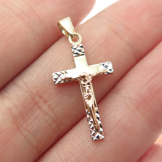 14K Yellow Rose & White Gold Diamond-Cut Crucifix Cross Religious Charm Pendant