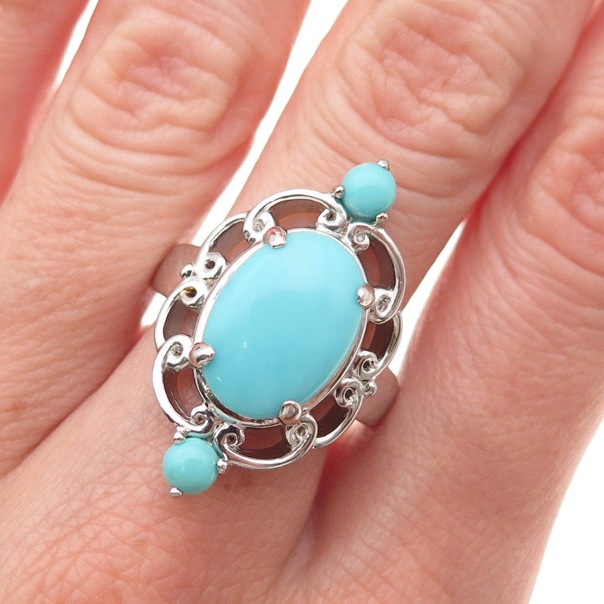 925 Sterling Silver Real Tyrone Turquoise Floral Ring Size 8