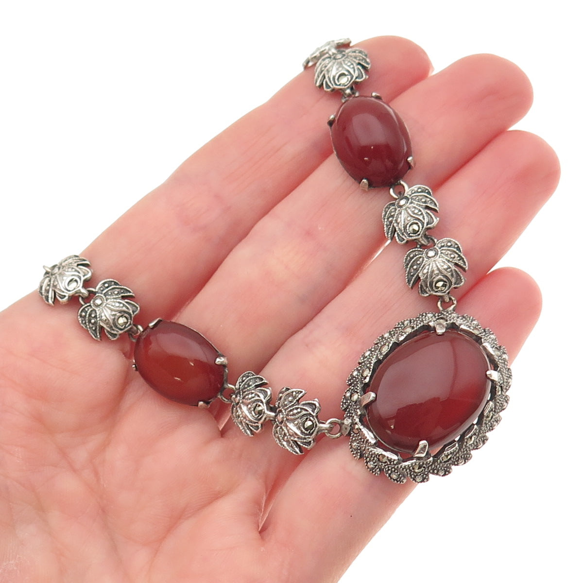 925 Sterling Antique Art Deco Germany Real Carnelian & Marcasite Necklace 16"