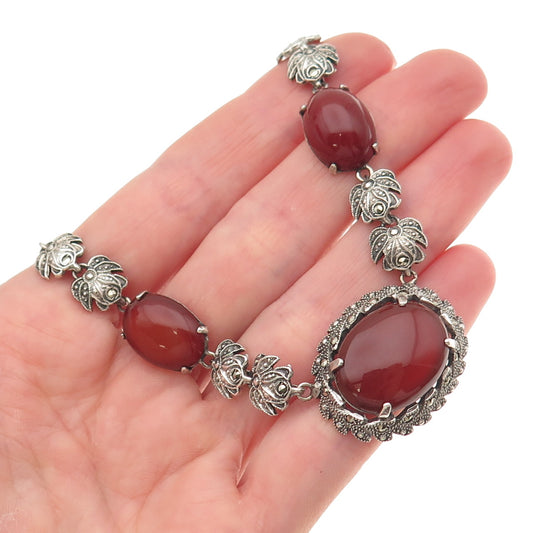 925 Sterling Antique Art Deco Germany Real Carnelian & Marcasite Necklace 16"