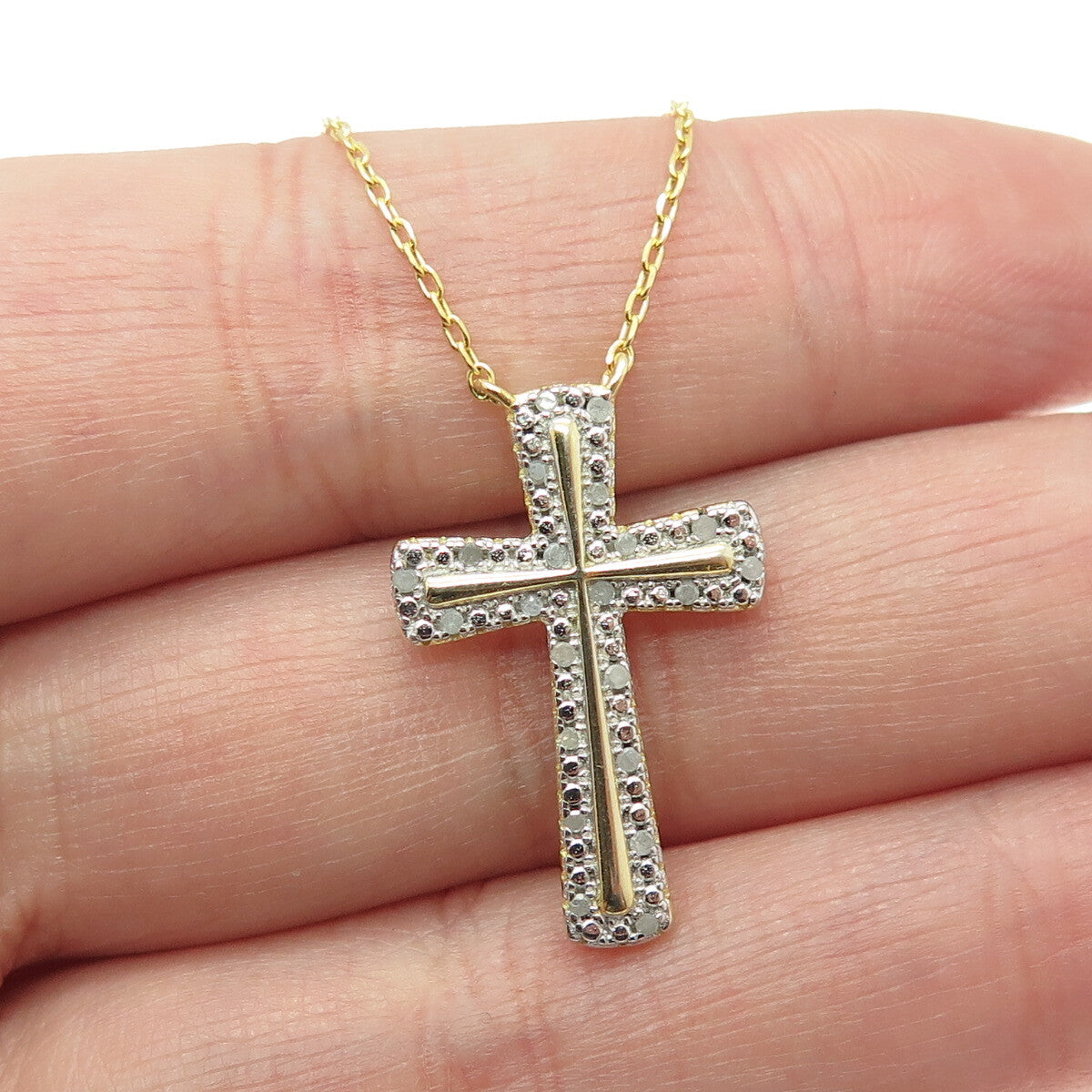 HAN 925 Sterling Silver Gold Plated Real Diamond Cross Cable Chain Necklace 18"