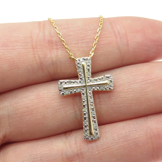HAN 925 Sterling Silver Gold Plated Real Diamond Cross Cable Chain Necklace 18"