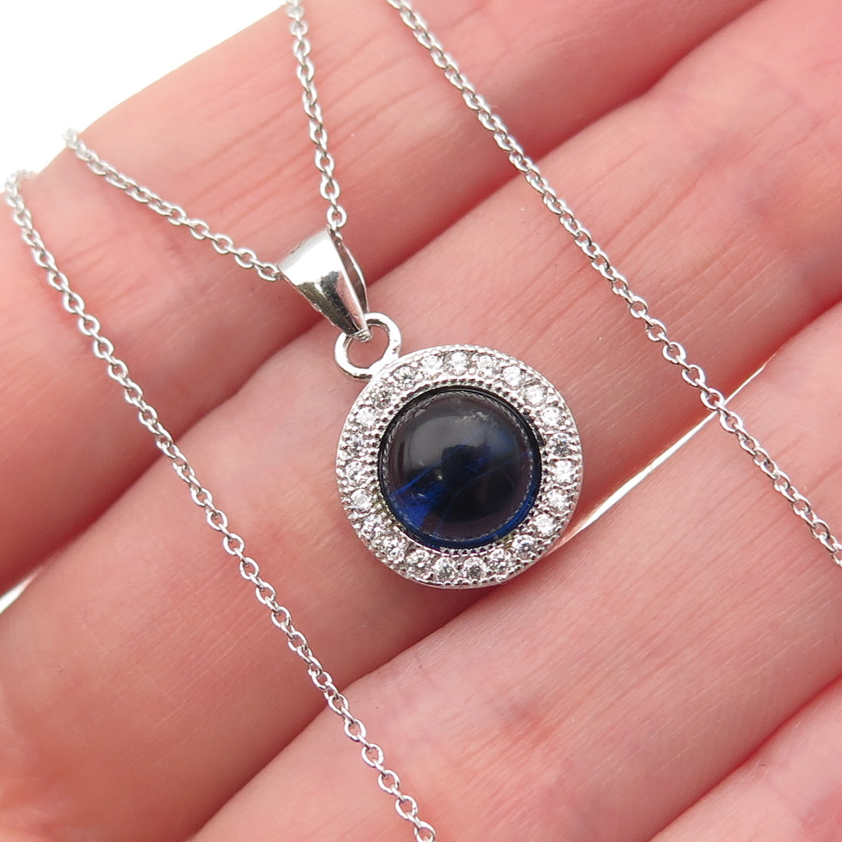 925 Sterling Silver Italy Blue & White C Z Cable Chain Necklace 18"
