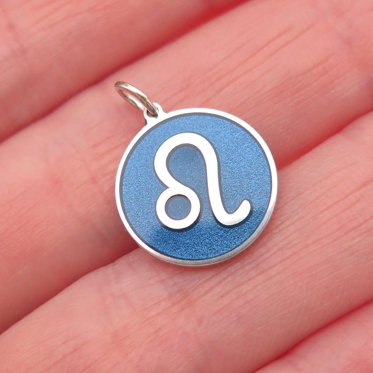 925 Sterling Silver Blue Enamel Leo Zodiac Sign Round Tag Mini Charm Pendant