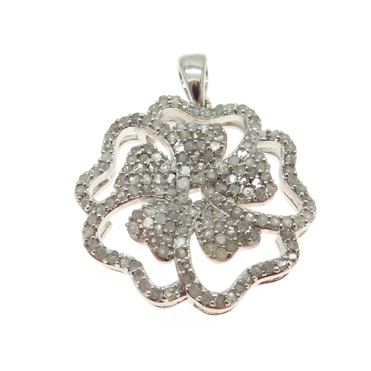 925 Sterling Silver Real Round-Cut Diamond Flower Pendant