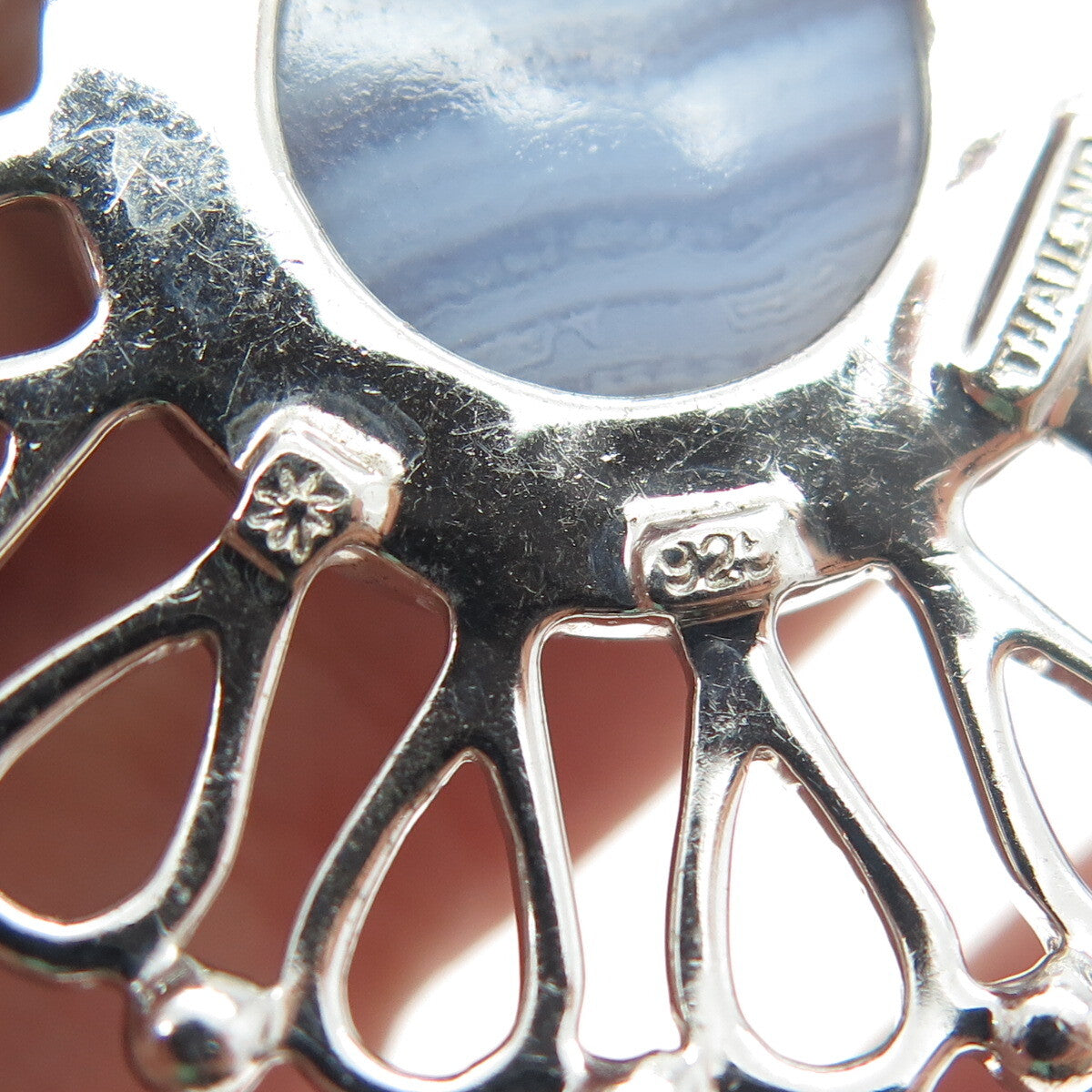 925 Sterling Silver Vintage Real Cabochon Blue Lace Agate Flower Pendant
