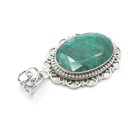 925 Sterling Silver Vintage Real Oval-Cut Green Zoisite Gem Swirl Oval Pendant