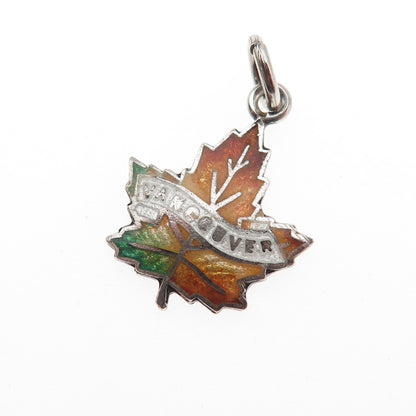 925 Sterling Silver Vintage Enamel Vancouver Maple Leaf Mini Charm Pendant