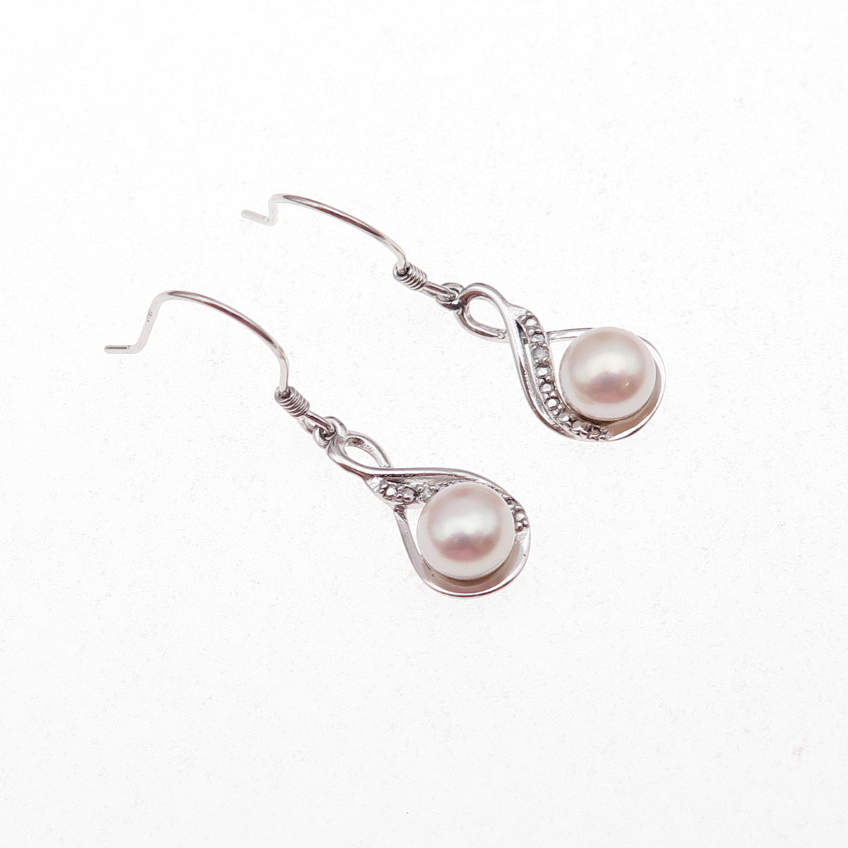 925 Sterling Silver Real Diamond & Pearl Infinity Dangle Earrings