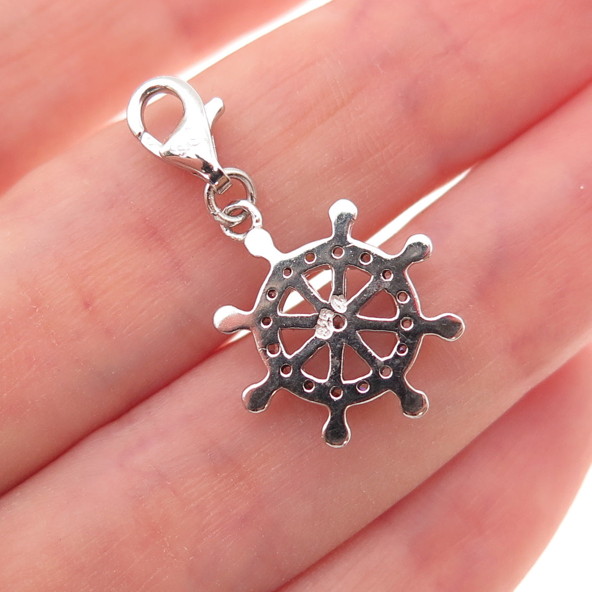 925 Sterling Silver Round-Cut C Z Ship's Wheel Lobster Lock Charm Pendant