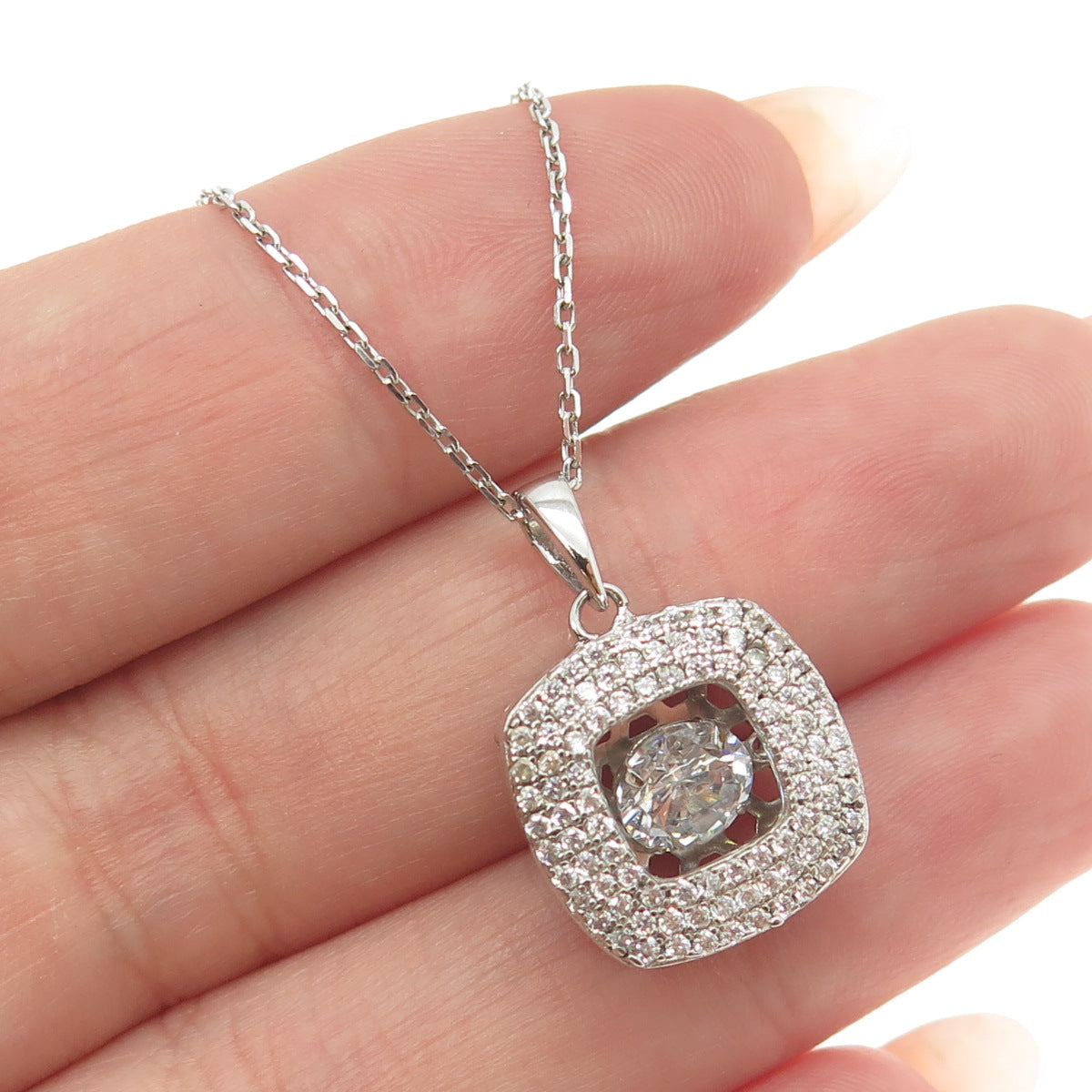 925 Sterling Silver Round-Cut C Z Cushion Cable Chain Necklace 18"