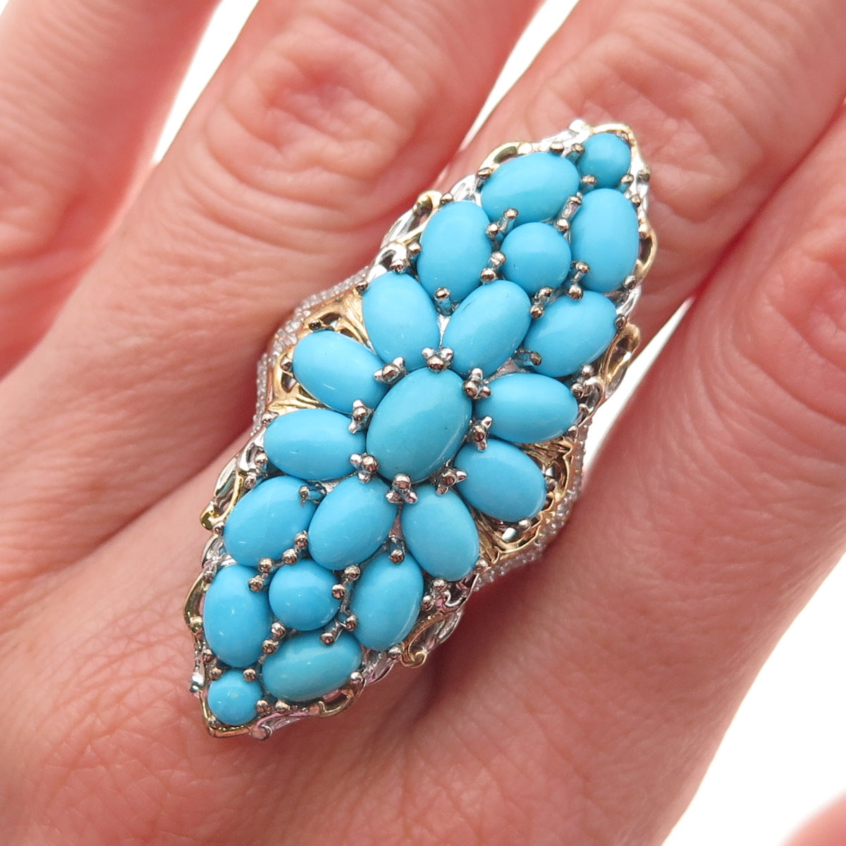 D'Joy 925 Sterling 2-Tone Real Sleeping Beauty Turquoise White Topaz Ring Size 8