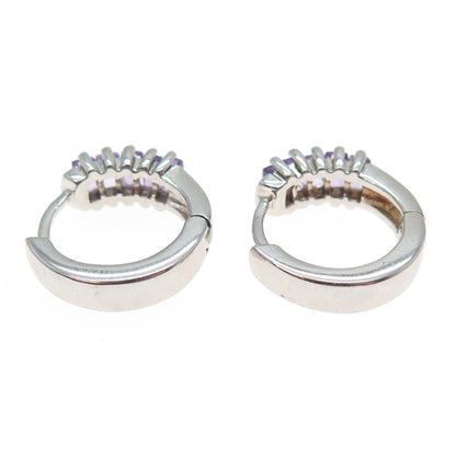 925 Sterling Silver Real Emerald-Cut Amethyst Hoop Earrings