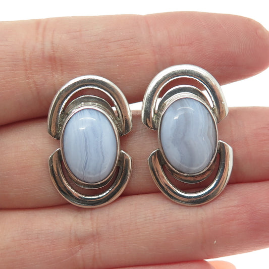 925 Sterling Silver Vintage Real Blue Lace Agate Modernist Earrings