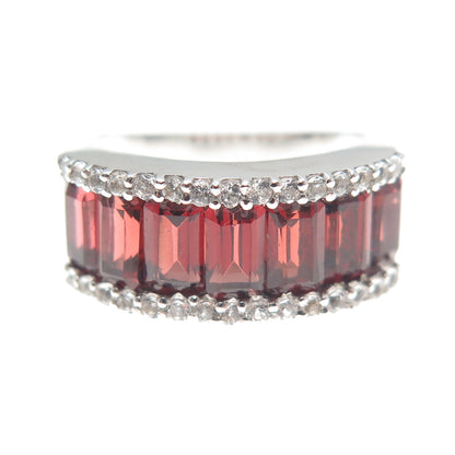 925 Sterling Silver Real Emerald-Cut Red Garnet C Z Half Eternity Ring Size 5.5