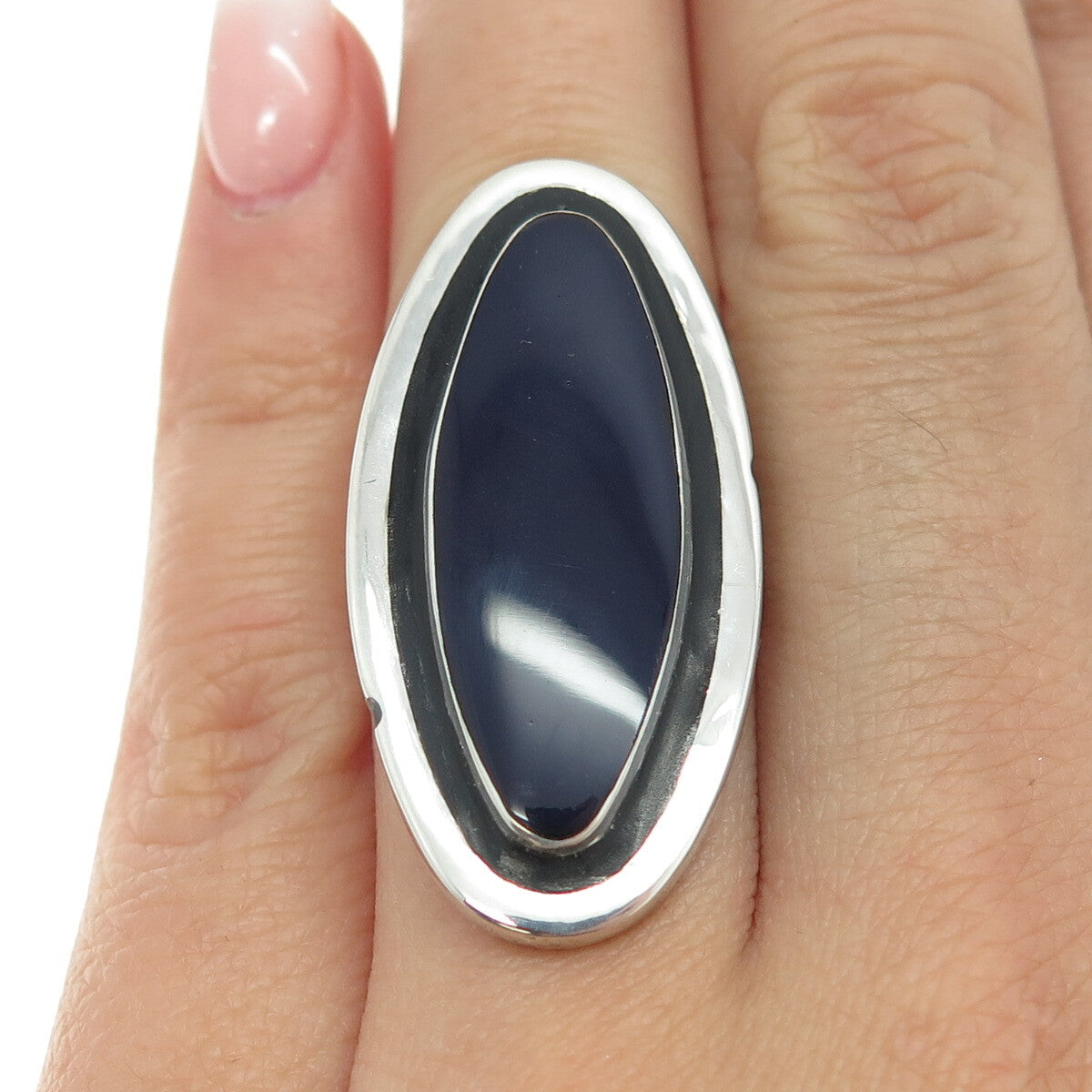XIN ENGEL 925 Sterling Silver Vintage Real Blue Obsidian Modernist Ring Size 5
