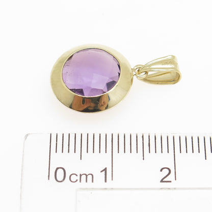 14K Yellow Gold Real Round-Cut Amethyst Disc Charm Pendant