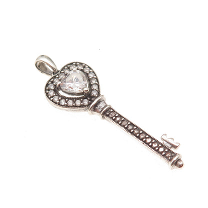 JH Young 925 Sterling Silver Heart & Round-Cut C Z Key Charm Pendant