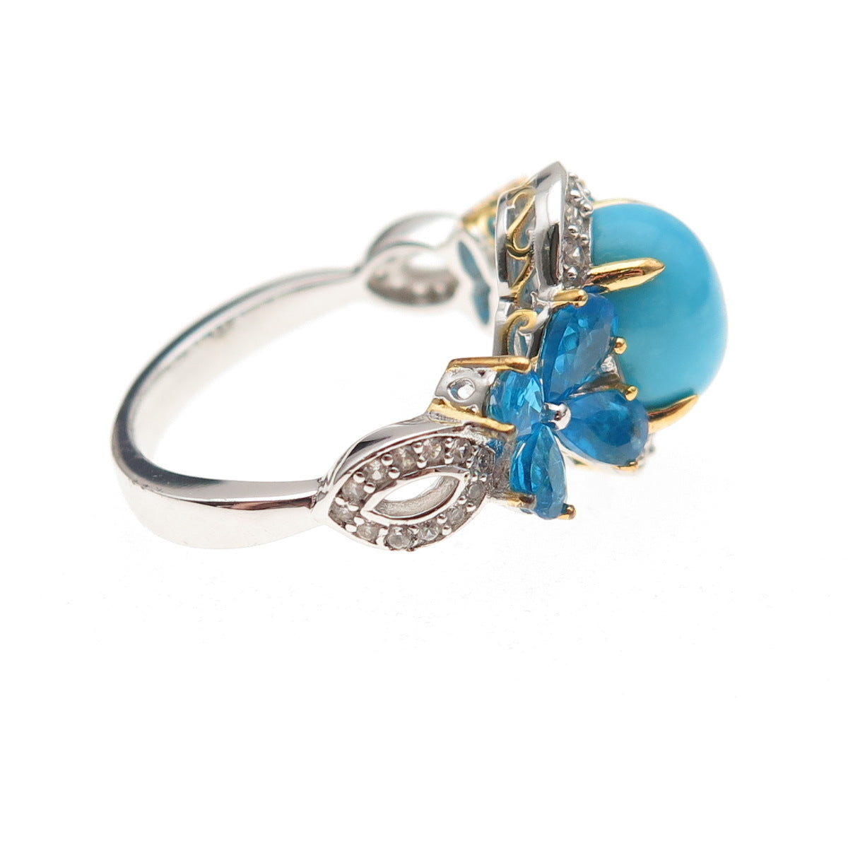 925 Sterling Silver 2-Tone Real Turquoise Apatite & White Topaz Ring Size 8