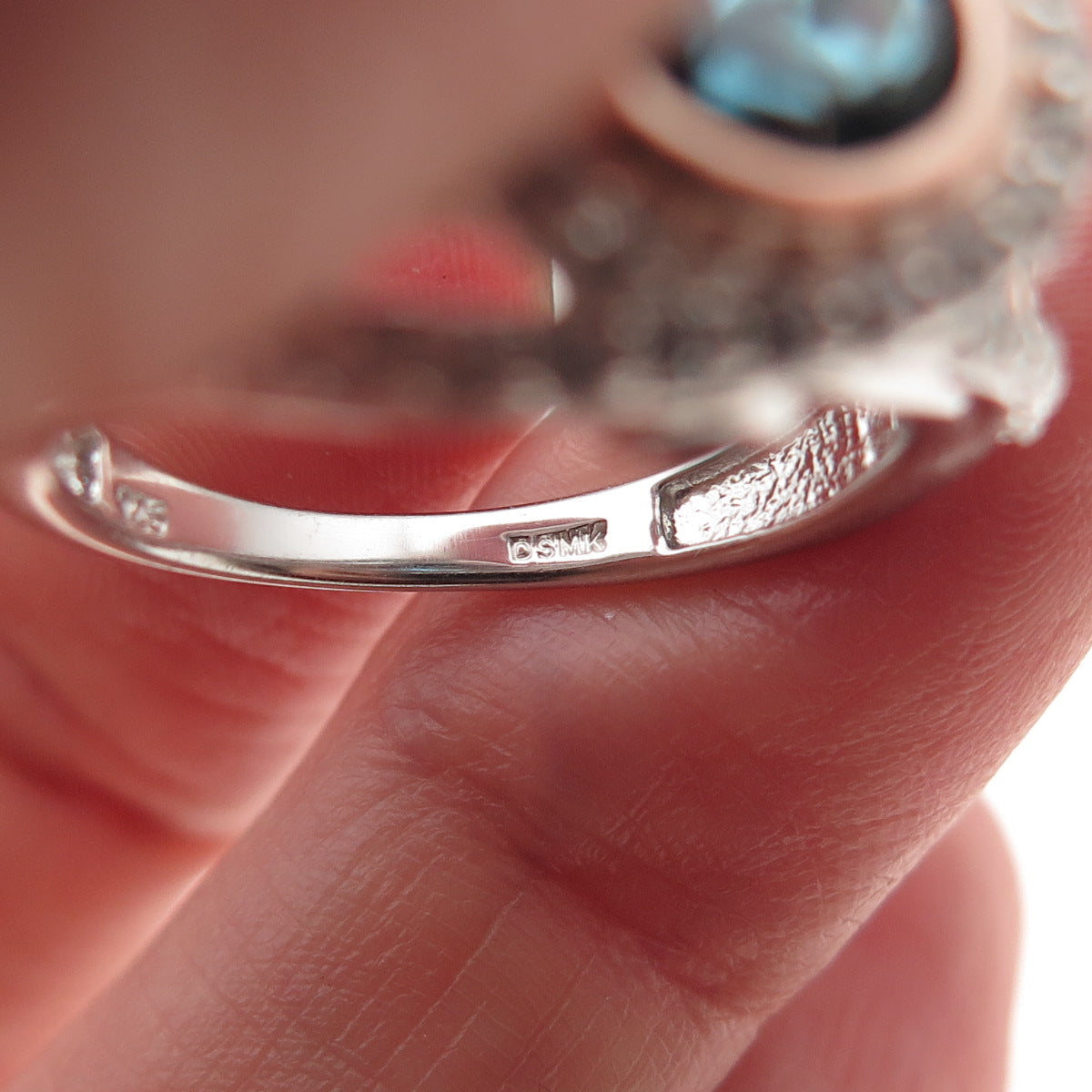 DSMK 925 Sterling Silver 2-Tone Real White Topaz & Blue C Z Ring Size 7.25