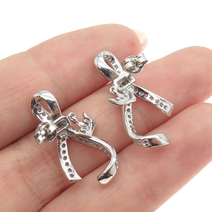 925 Sterling Silver Round-Cut Shaped C Z Ribbon Earrings