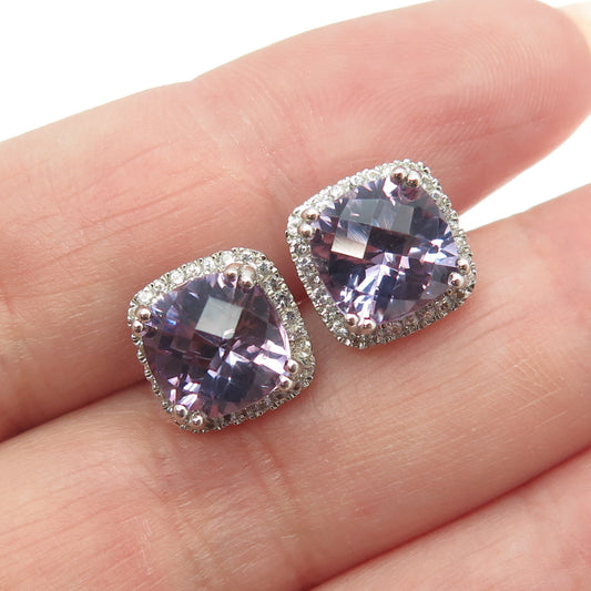 925 Sterling Silver Real Amethyst & C Z Cushion Stud Earrings