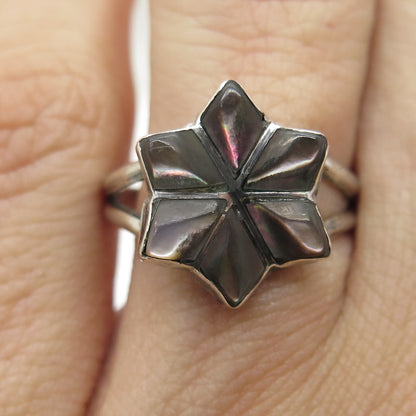 Old Pawn 925 Sterling Silver Vintage Real Abalone Shell Flower Ring Size 6.5